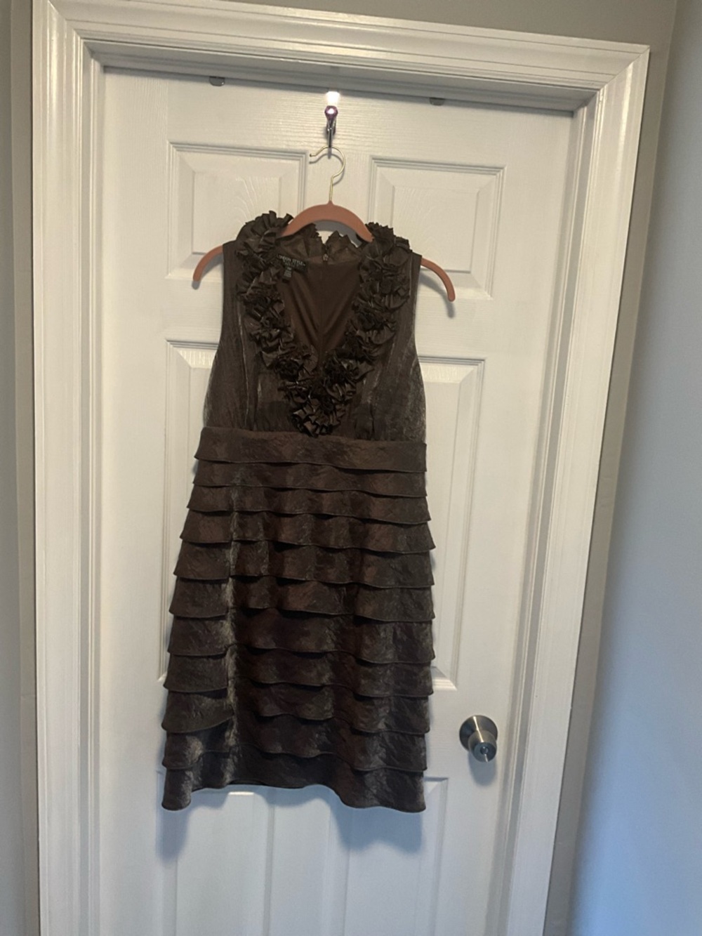 London Style Nights Brown Shimmer Sleeveless Tiered Flattering Evening Dress